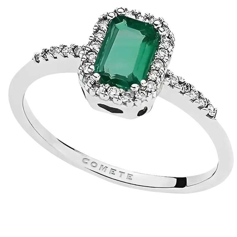 Anello Smeraldo e diamanti COMETE ANB 1896 con oro bianco, smeraldo e halo di diamanti