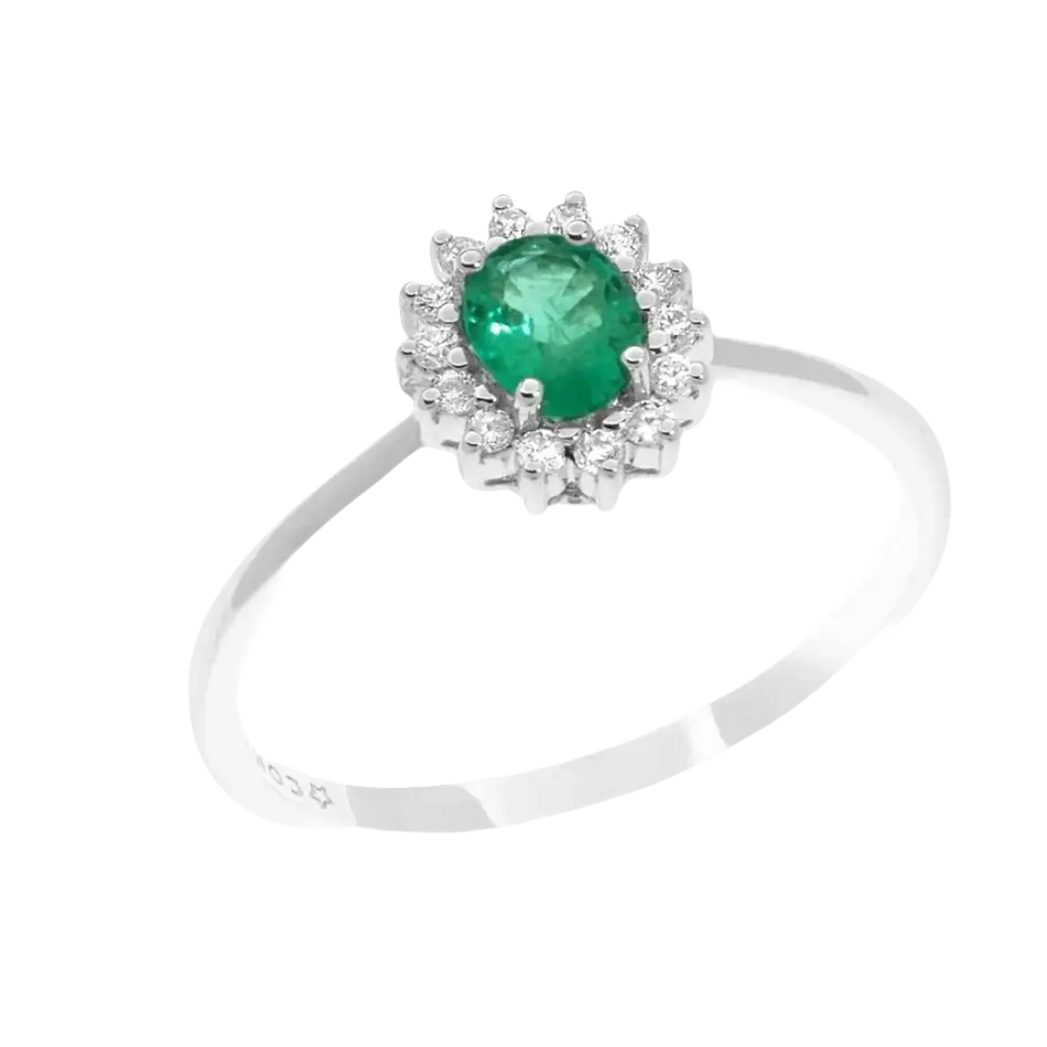 Anello Smeraldo e diamanti COMETE ANB 2574 con anello a halo di smeraldo e diamanti
