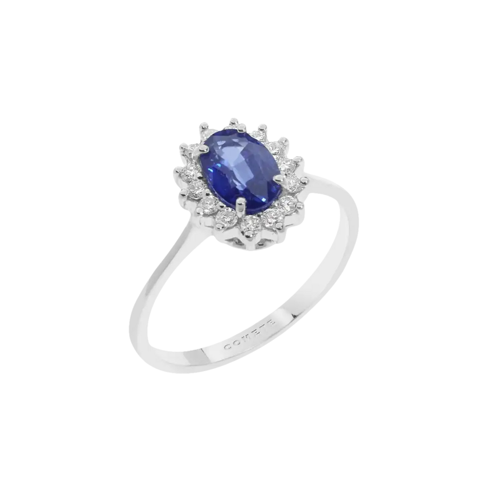 Anello Silver con zaffiro blu e halo di diamanti della collezione COMETE Regina