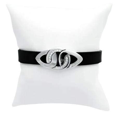 Bracciale in pelle nera con clasp in metallo argento con occhi e pietre preziose