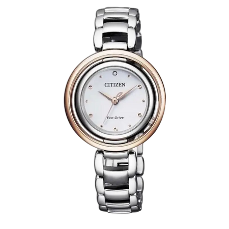 Orologio Donna Citizen Eco-Drive con cinturino argento, bezel oro rosa e quadrante bianco con cristalli