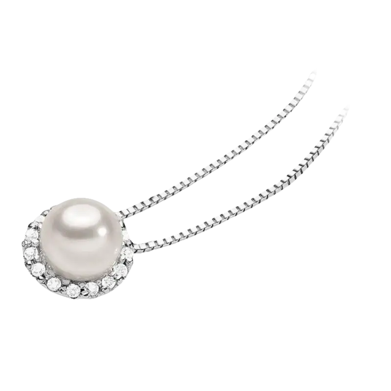 Collana Oro Bianco con ciondolo Perla e cornice di diamanti, elegante gioiello raffinato