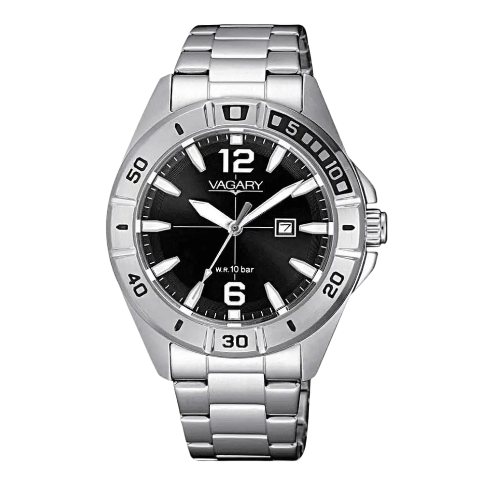 Orologio VAGARY Quartz Aqua 39 con quadrante nero e cassa in argento