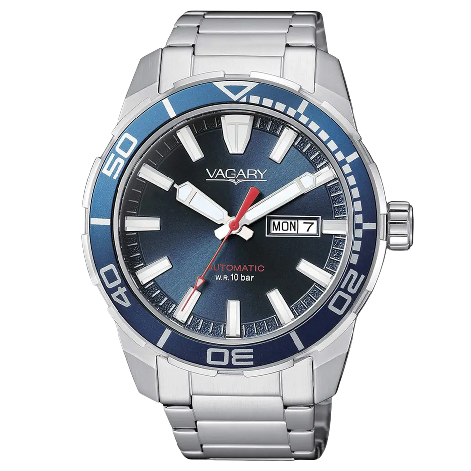 Orologio VAGARY uomo G. MATIC 101 acciaio con cinturino blu e finiture argento