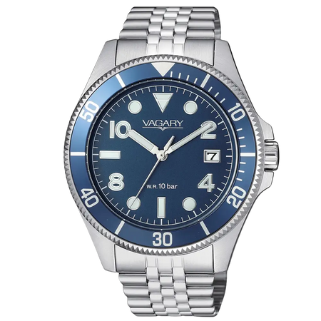 Orologio VAGARY uomo Quartz Aqua39 VD5-015-71 con cinturino argento e blu