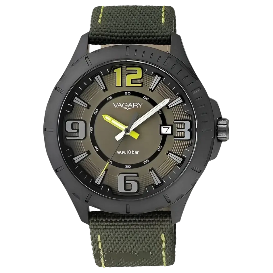 Orologio VAGARY uomo Solo tempo cassa nera IB6-141-92 con cinturino verde oliva e nero