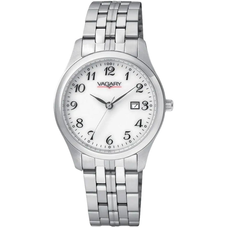 Orologio da donna elegante VAGARY 90th Lady con cassa argento, dial bianco e datario
