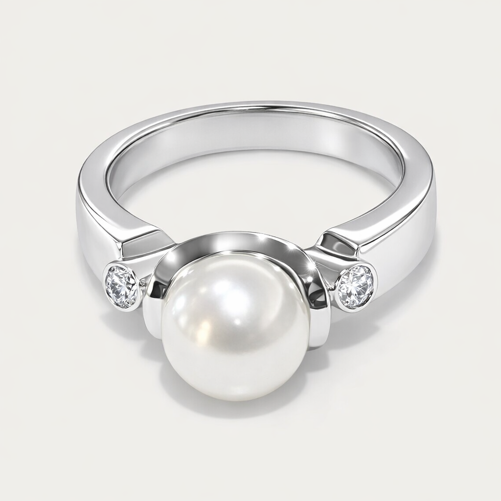 Anello Oro Bianco, Perla e due Diamanti Salvini|bonini-gioielli