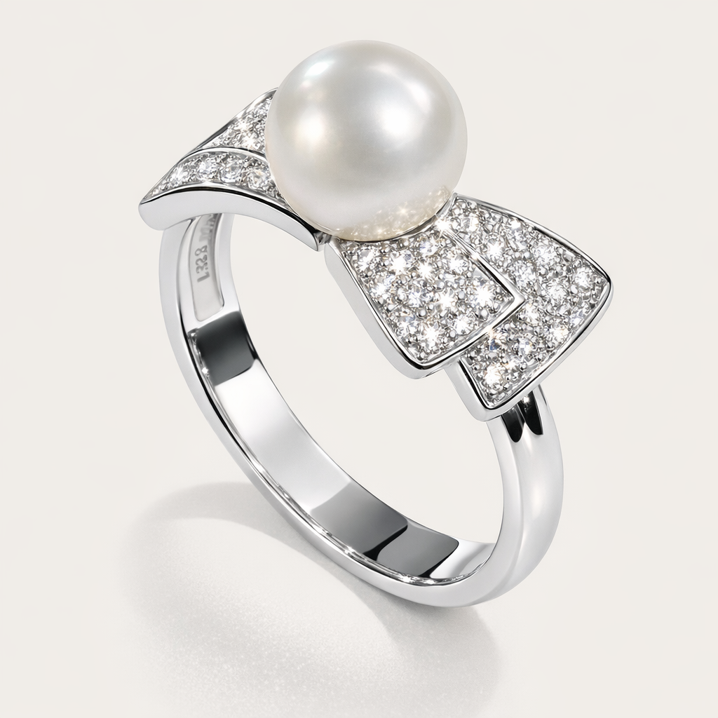 Anello Oro Bianco, Perla e fiocchetto di diamanti Salvini|bonini-gioielli