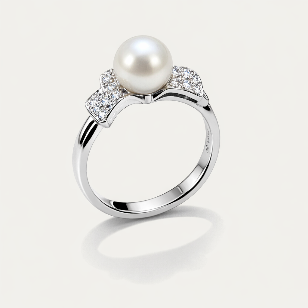 Anello Oro Bianco, Perla e fiocchetto di diamanti Salvini|bonini-gioielli