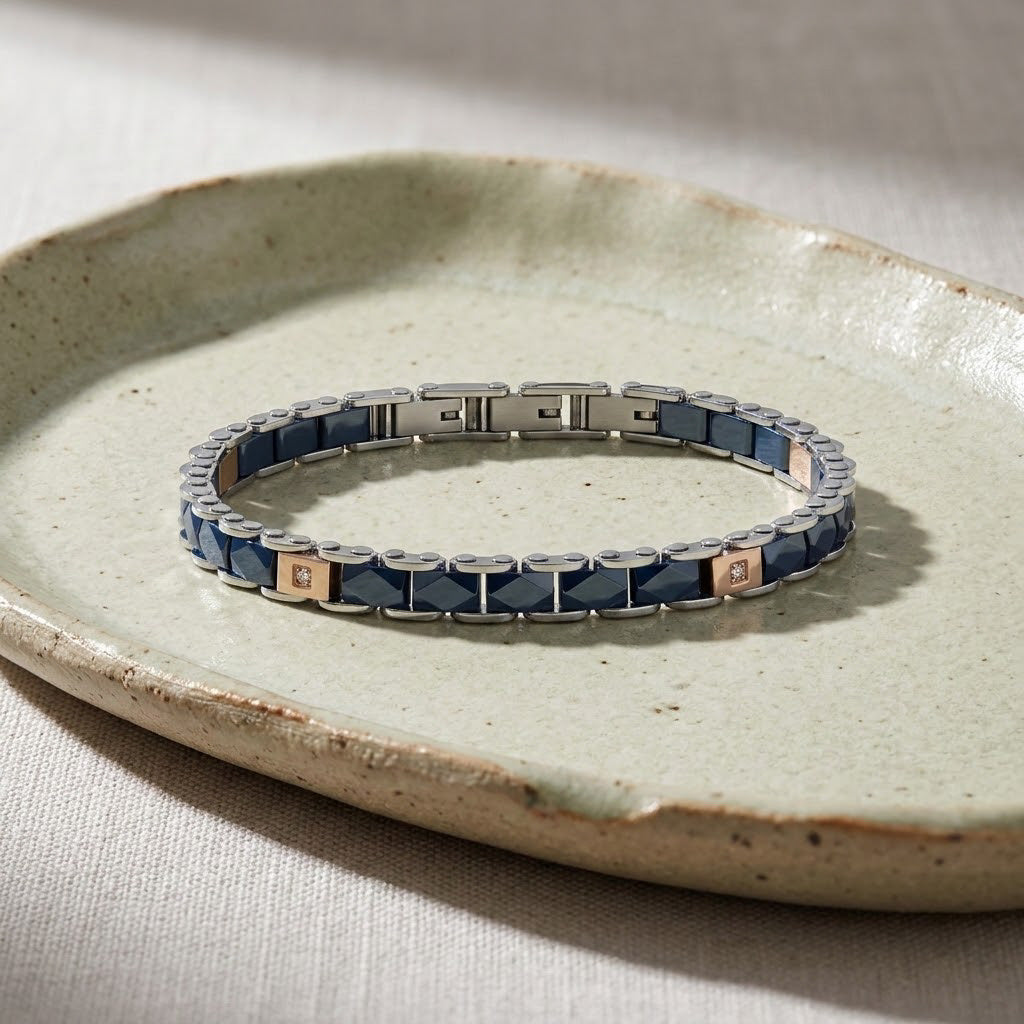 Bracciale COMETE Uomo Tyres Acciaio Rosé ceramica Blu Zirconi UBR 1249|bonini-gioielli