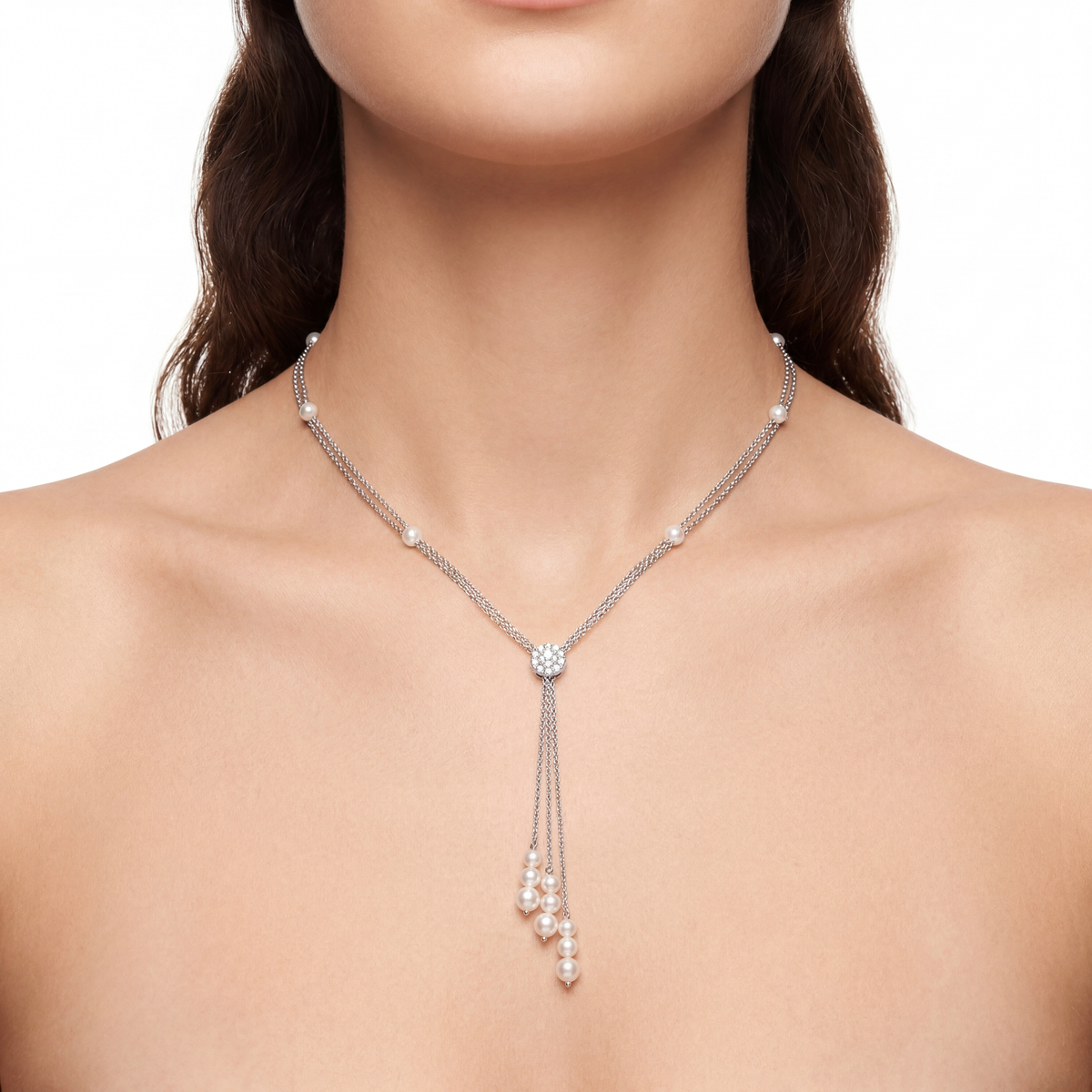 Collana oro bianco Diamanti e Perle pendenti a tre fili Salvini|bonini-gioielli