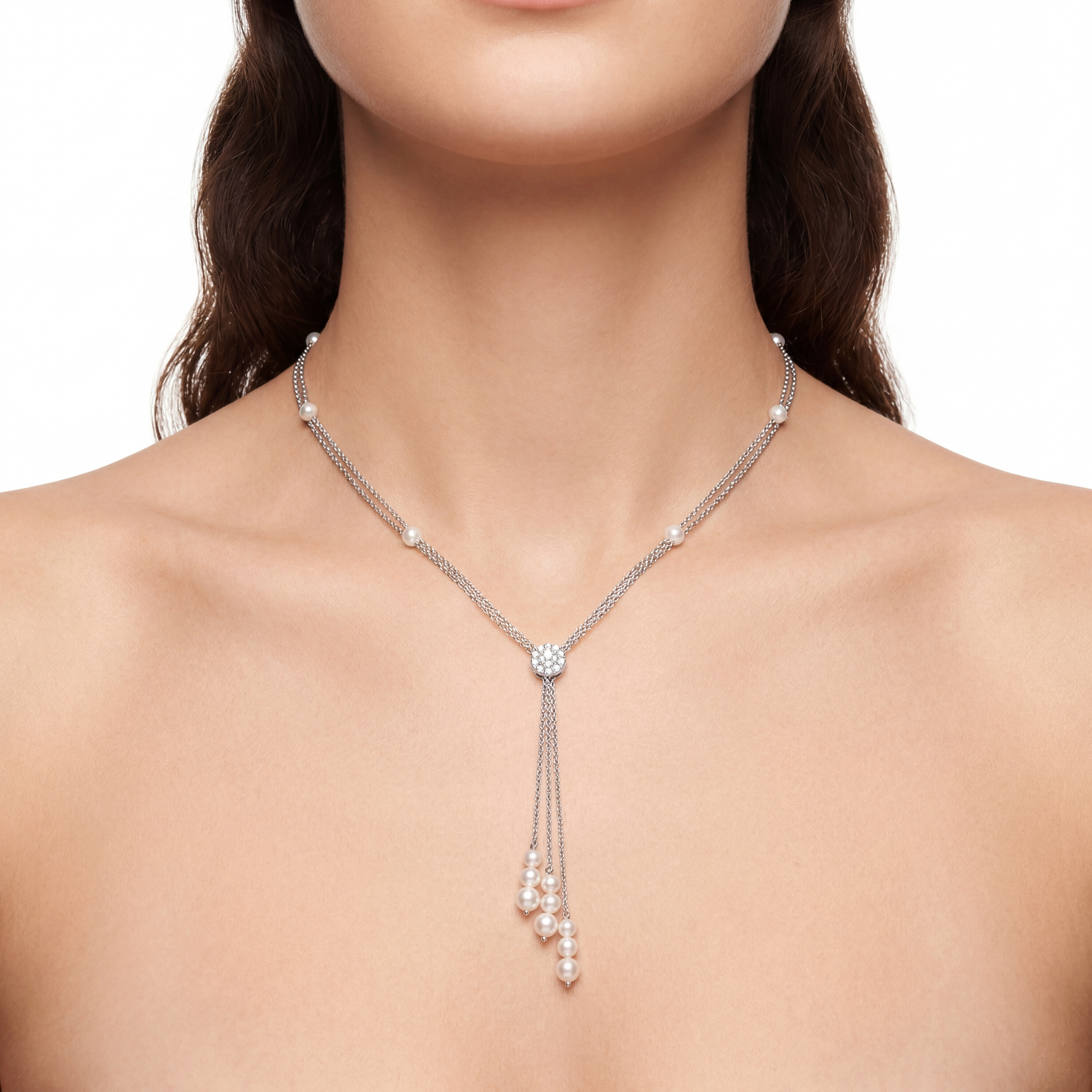 Collana oro bianco Diamanti e Perle pendenti a tre fili Salvini|bonini-gioielli