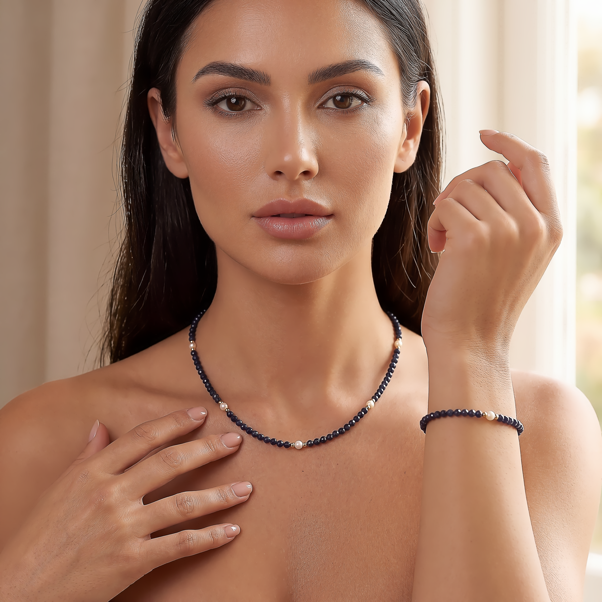 parure girocollo e bracciale argento dorato zaffiri blu e perline COMETE | bonini-gioielli