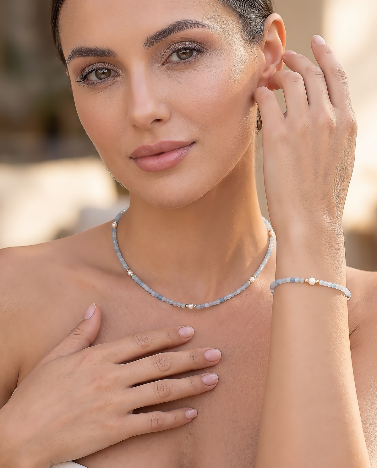 parure girocollo e bracciale argento dorato acquamarina e perline COMETE|bonini-gioielli