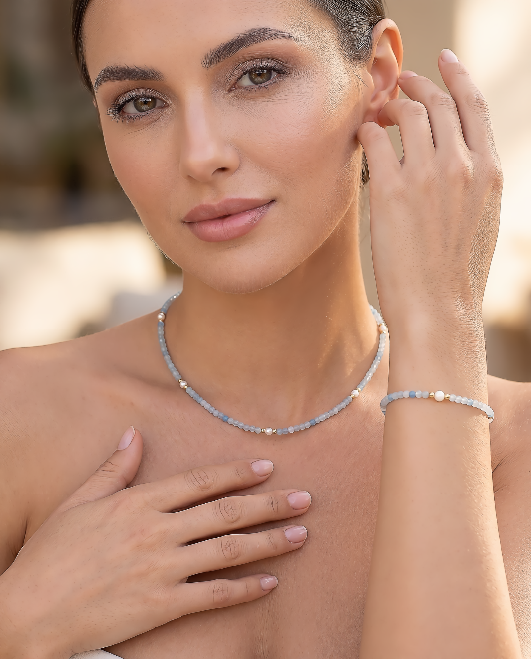 parure girocollo e bracciale argento dorato acquamarina e perline COMETE|bonini-gioielli