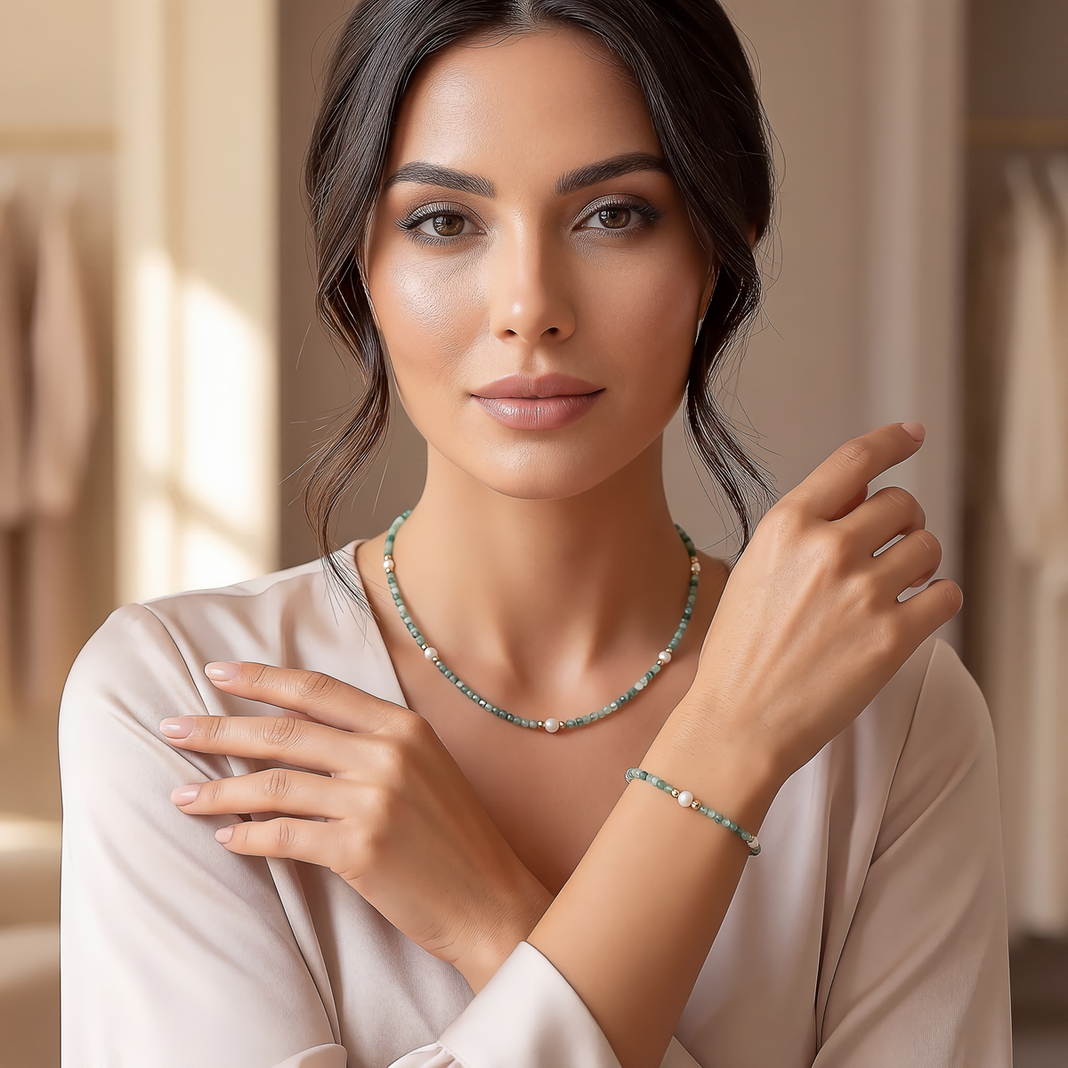 Bracciale argento dorato smeraldi e perline Gift & Color BRA284 parure con GLA 290 COMETE|bonini-gioielli