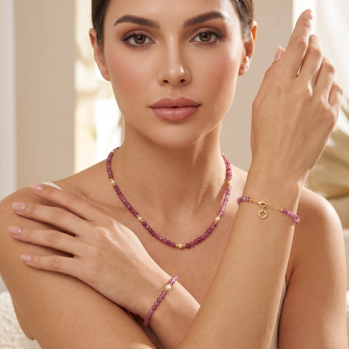 Parure-argento-dorato-rubine-perline-comete|bonini-gioielli