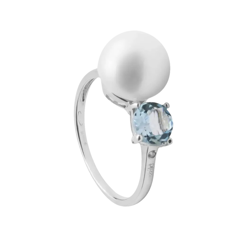 Anello Oro Bianco 9KT con grande Perla bianca e piccola Topazio Azzurro