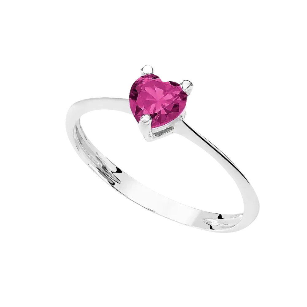 Anello Oro Bianco Cuore zircone rosso con anello in argento e cuore di rubino