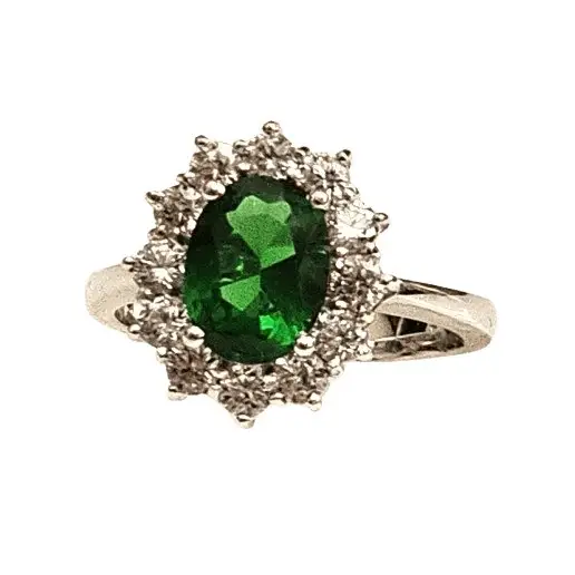 Anello oro bianco zircone verde contorno zirconi bianchi - Gioielleria Bonini