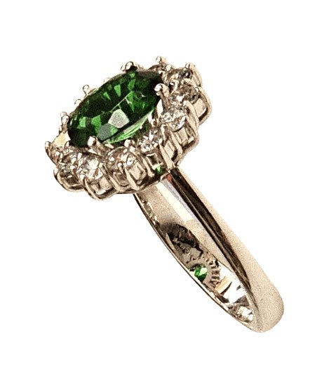 Anello oro bianco zircone verde contorno zirconi bianchi - Gioielleria Bonini