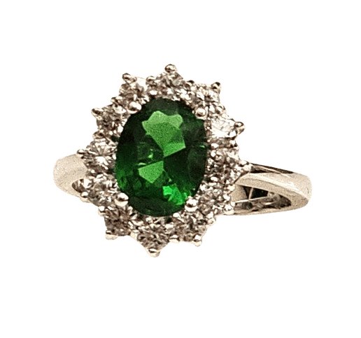 Anello oro bianco zircone verde contorno zirconi bianchi - Gioielleria Bonini