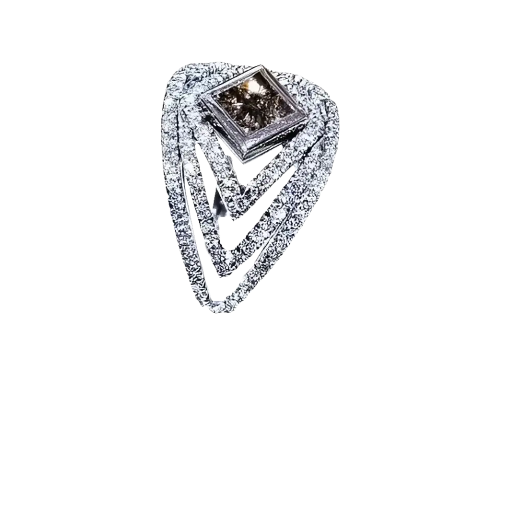 Anello Oro CENTOVENTUNO con diamante marrone quadrato e più strati di oro e diamanti bianchi