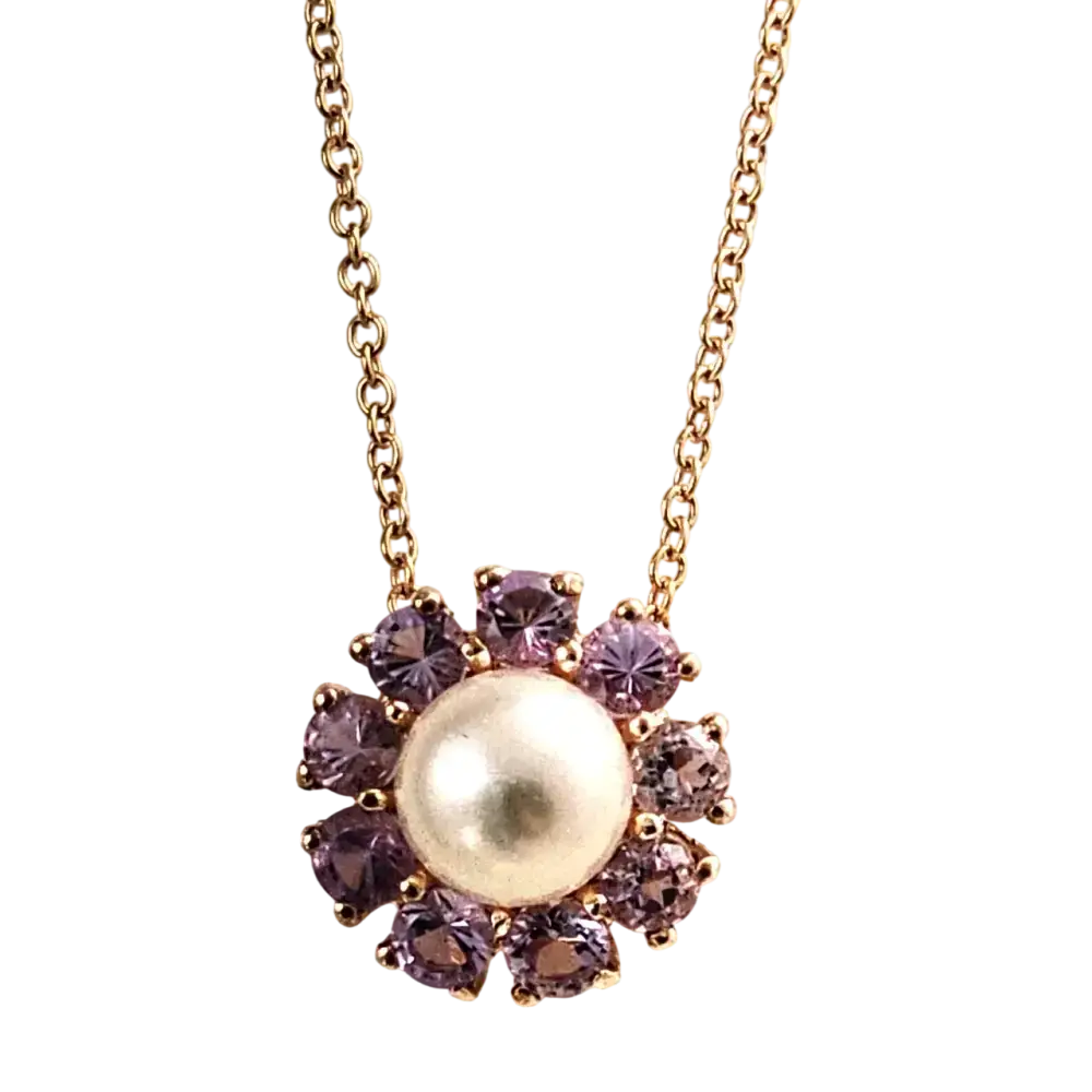 Girocollo oro rosa ciondolo perla e topazi rosa BLISS parure con anello