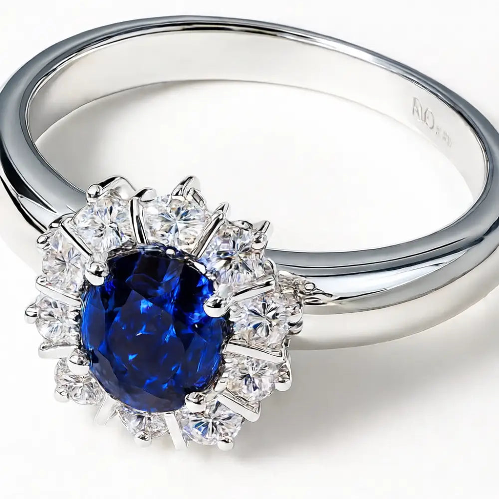 Anello Zaffiro blu, Oro Bianco e Diamanti|bonini-gioielli