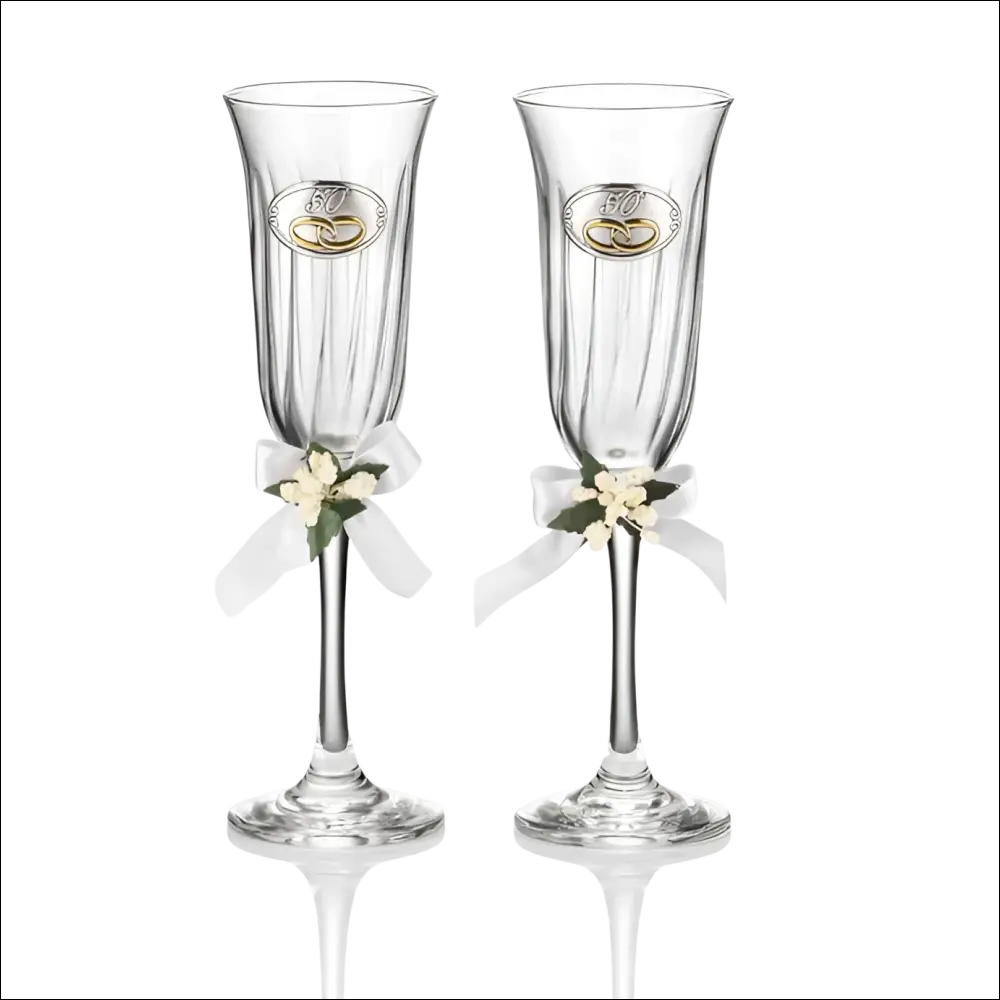 Bicchieri Cristallo Anniversario 50° Valenti con fregio oro e fiori bianchi