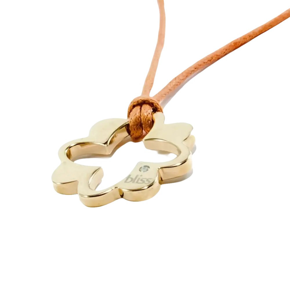 Ciondolo quadrifoglio dorato a quattro foglie su cordino marrone, modello BLISS