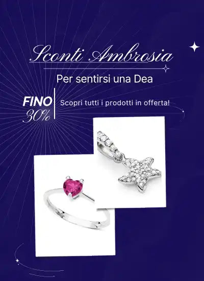 Un annuncio blu per “Sconti Ambrosia” con sconti fino al 30%, che presenta un anello d'argento con una gemma a forma di cuore rosa e un ciondolo stellato d'argento con pietre chiare.