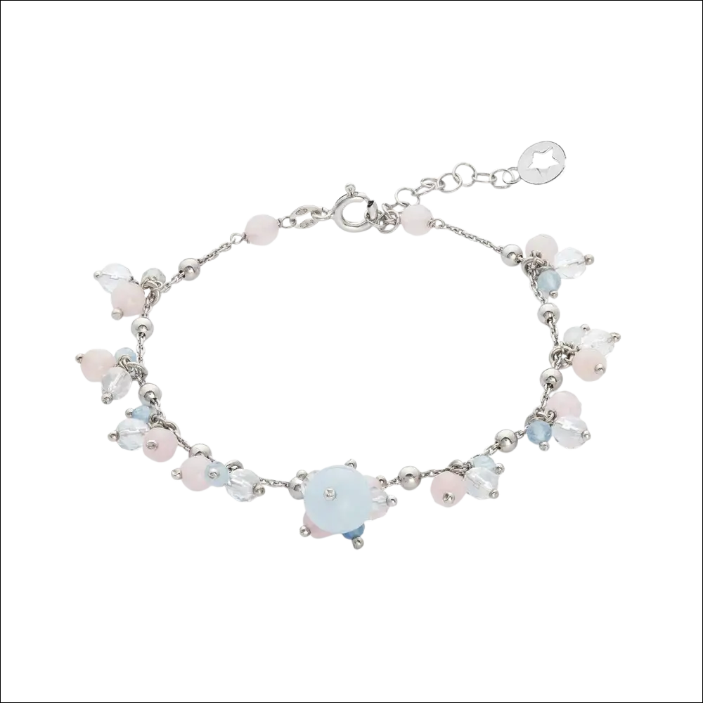 Bracciale Argento Acquamarina Cromatica Estate con perla floreale rosa e blu