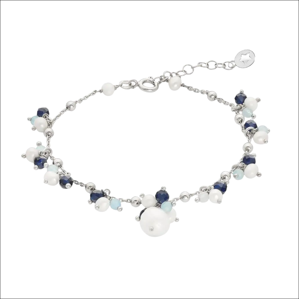 Bracciale Argento con perle bianche, acquamarina blu e azzurra cromatica inverno
