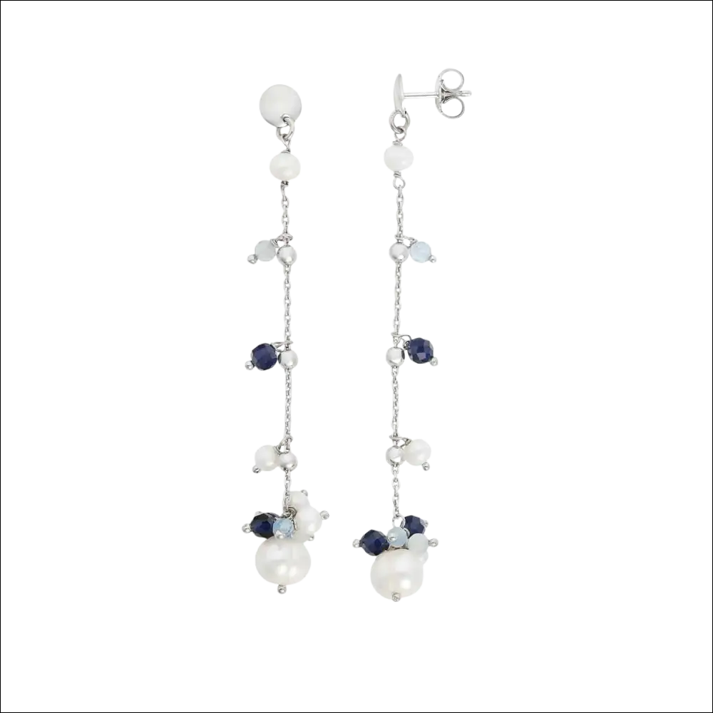 Orecchini pendenti eleganti Bracciale Argento con perle, zaffiri e acquamarine grigie