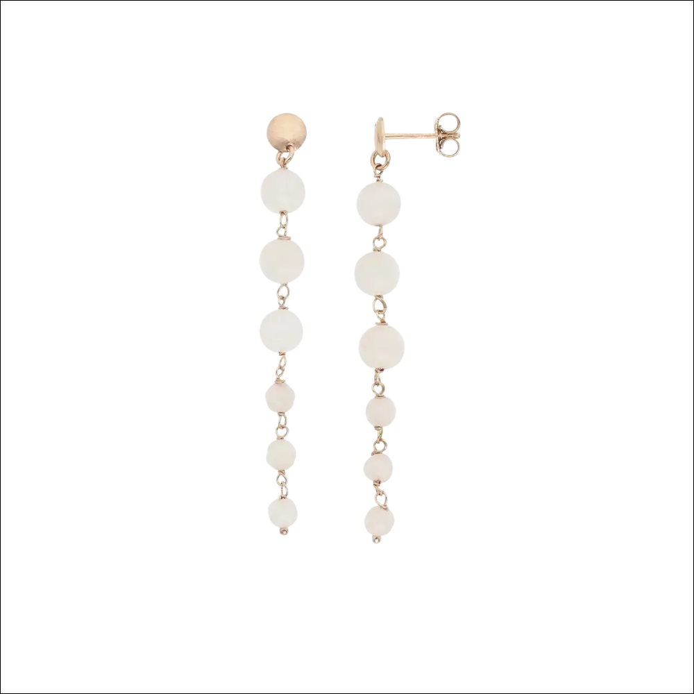 Orecchini a goccia opale bianco con post e catena rosé, perline cascade. Bracciale COMETE