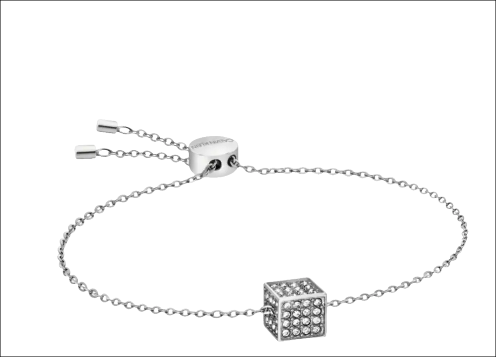 Bracciale CALVIN KLEIN Rocking con catena argento, charm cubo cristalli, chiusura bolo