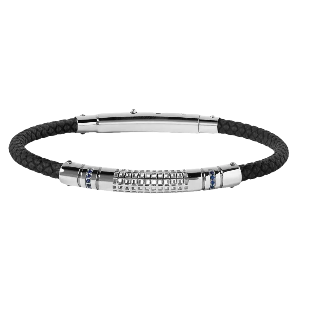 Bracciale Comete Gioielli Goleador Uomo UBR 763 in pelle nera intrecciata con chiusura in argento e dettagli blu