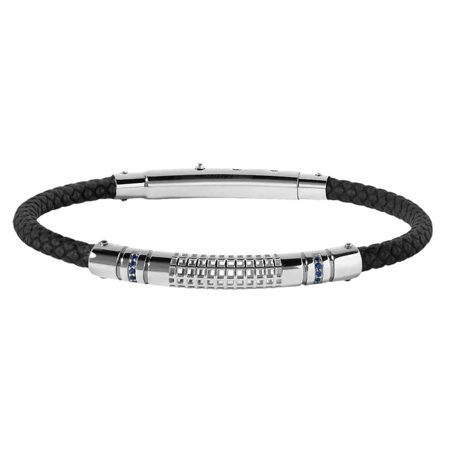 Bracciale Comete Gioielli Goleador Uomo UBR 763 in pelle nera intrecciata con chiusura in argento e dettagli blu