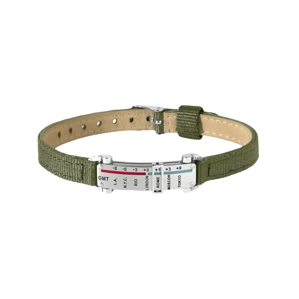 Bracciale Comete Gioielli Meridiani UBR 687 in verde con tessuto, pelle e placca in metallo argentato con fusi orari del mondo