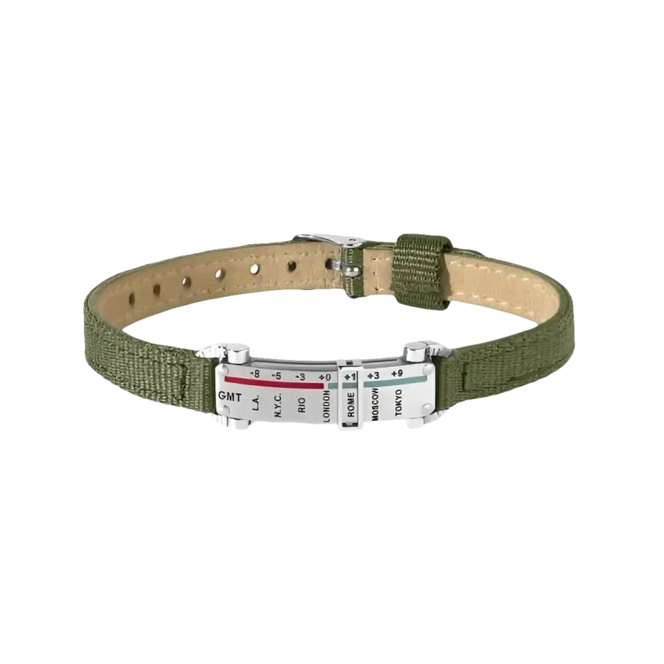 Bracciale Comete Gioielli Meridiani UBR 687 in verde con tessuto, pelle e placca in metallo argentato con fusi orari del mondo