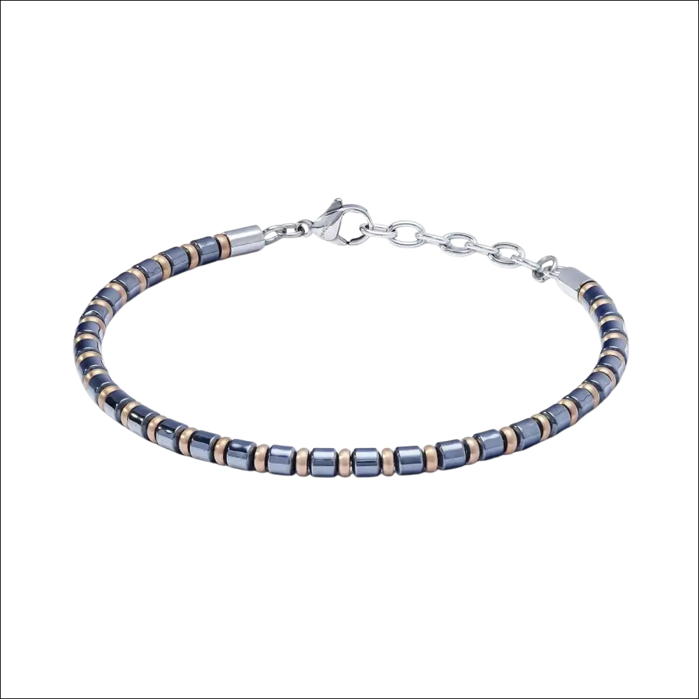 Bracciale Comete Uomo in acciaio ed ematite, pattern blu e oro rosa
