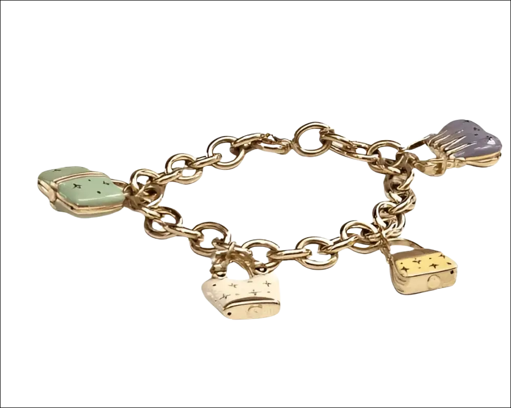 Bracciale donna oro giallo con ciondoli lucchetto chiave smalti verde menta