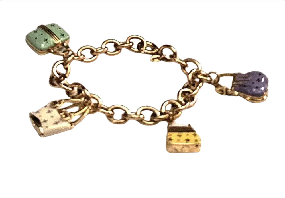 Bracciale donna oro giallo con ciondoli smaltati: regalo verde, borsa viola, armadietti gialli stellati
