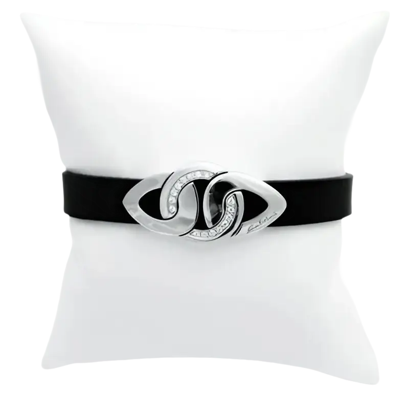 Bracciale in pelle nera con clasp in metallo argento con occhi e pietre preziose