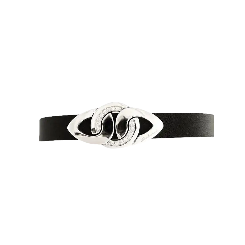 Bracciale in pelle nera con chiusura ovale in argento e diamanti SALVINI Cruise