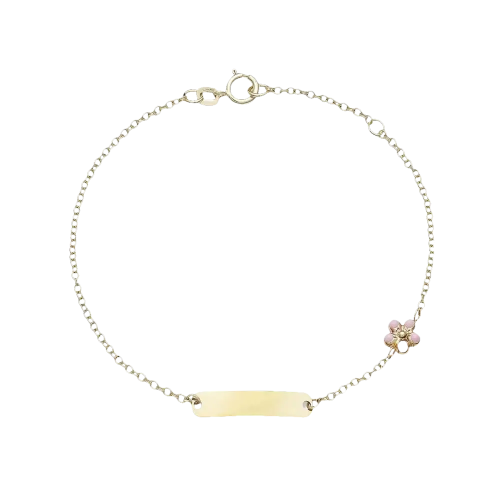 Bracciale oro giallo bimbo Ambrosia ABZ 150 con catena, barra ID e fiore rosa