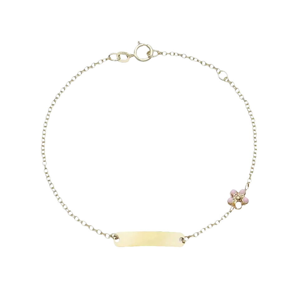 Bracciale oro giallo bimbo Ambrosia ABZ 150 con catena, barra ID e fiore rosa