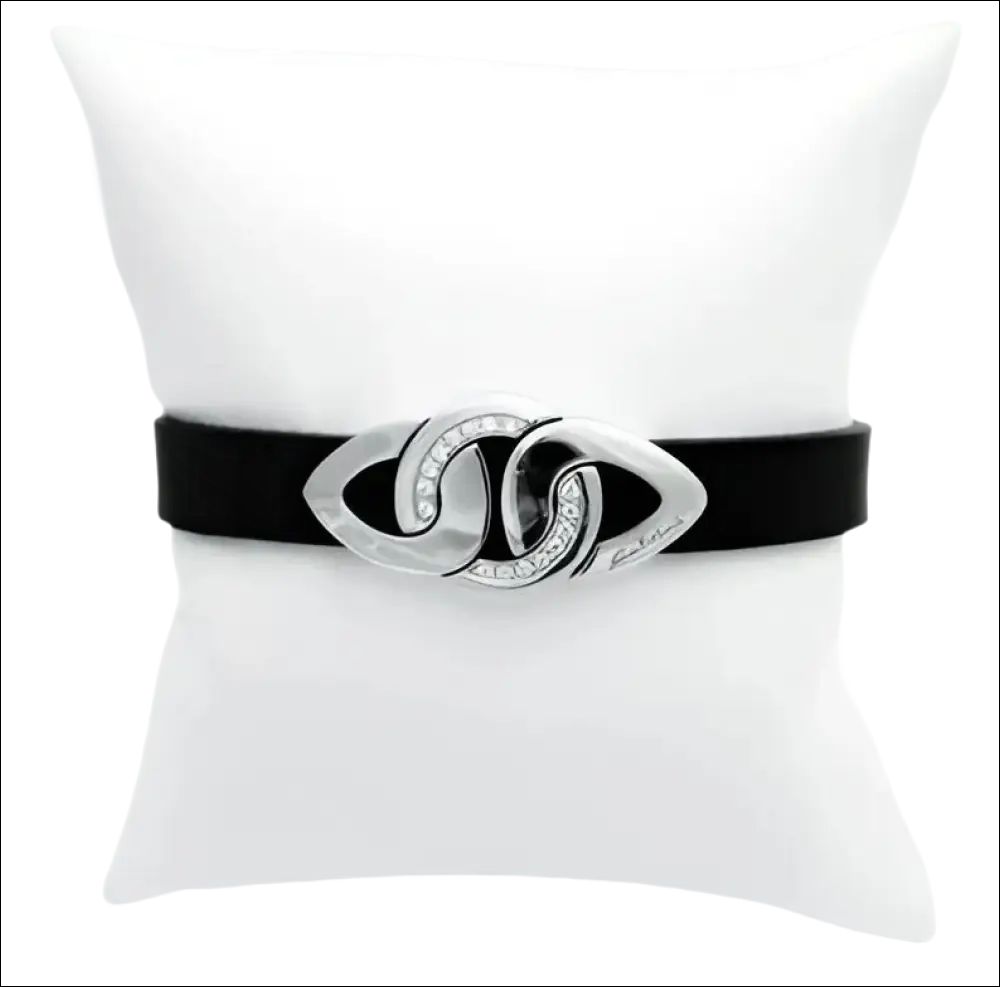 Bracciale in pelle nera con clasp in metallo argento con occhi e pietre preziose